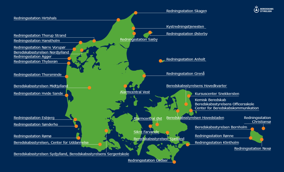 Kort med Beredskabsstyrelsens enheder